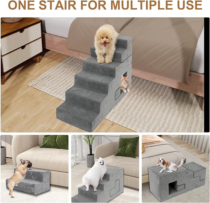 Dog Stairs for Small Dogs 27”H, 6-Step Dog Steps for High Bed, High-Density Foam Pet Stairs with Non-Slip Removable Washable Cover to Get on Bed(Grey)-PawvioPets
