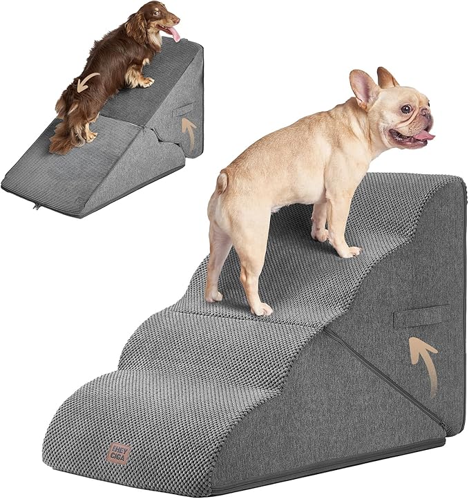 EHEYCIGA Curved Foldable Dog Stairs Ramp for High Beds 19.7" H, 4-Step Dog Steps for Small Dogs and Cats, Pet Stairs for High Bed Climbing, Non-Slip Balanced Pet Step Indoor, Grey-PawvioPets