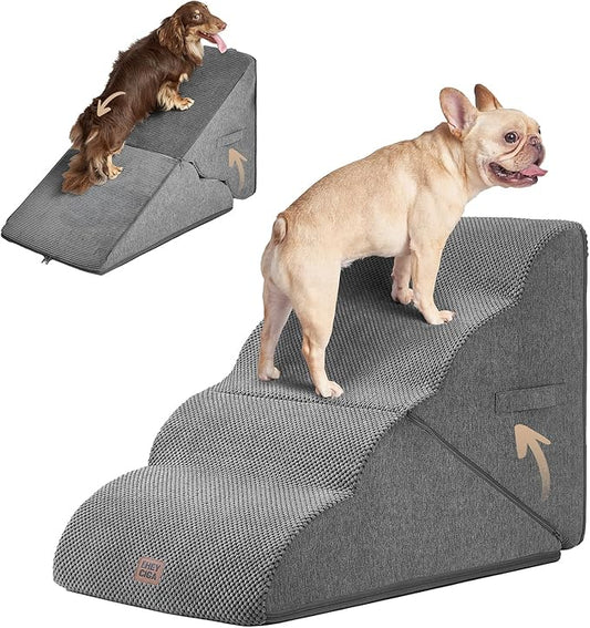 EHEYCIGA Curved Foldable Dog Stairs Ramp for High Beds 19.7" H, 4-Step Dog Steps for Small Dogs and Cats, Pet Stairs for High Bed Climbing, Non-Slip Balanced Pet Step Indoor, Grey-PawvioPets