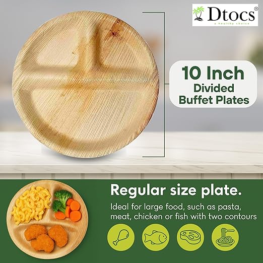 Dtocs 3 Compartment Plates (50 Pc) Palm Leaf 10 Inch Round Portion Control Buffet Sectional Plate | Bamboo Plates Disposable Like Compostable Camping Dinnerware Stronger than Divided Paper, Styrofoam-PawvioPets