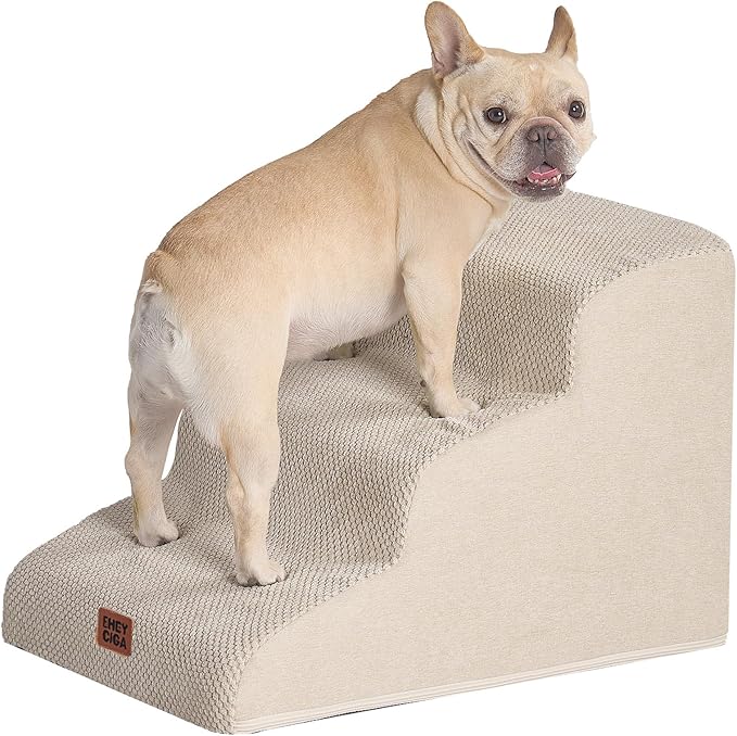 EHEYCIGA Curved Dog Stairs Ramp for Small Dogs 15.7" H, 3-Step Dog Steps for Couch Sofa and Chair, Pet Stairs for Cats, Non-Slip Balanced Pet Steps Indoor, Beige-PawvioPets