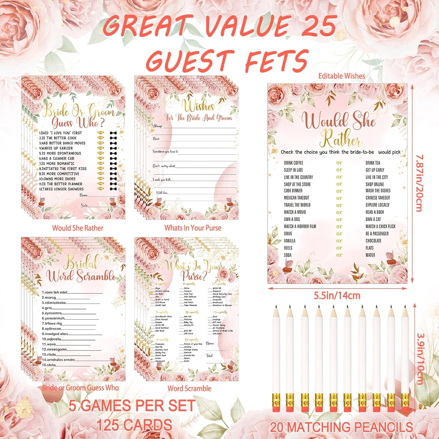 Teling 145 Pieces Bridal Shower Game Bridal Shower Favors Set Wedding Games Cards and Pencils for Bride Groom Bachelorette Party Wedding Party Favor(Pink Floral)