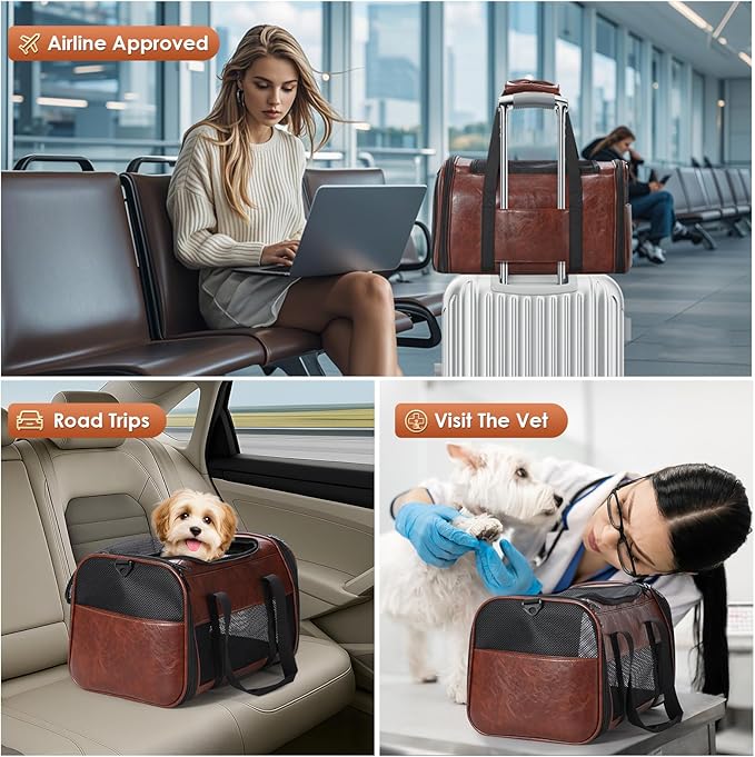 Fashion Leather Dog Carrier, Airline Approved Cat Carrier Soft Sided Pet Bag Carrier Purse for Puppy Kitten Small Animals Coffee-PawvioPets