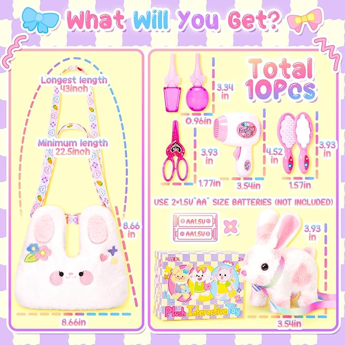 Easter Bunny Toys for Kids with Crossbody Bags, Easter Basket Stuffers Interactive Hopping Wiggle Ears Rabbit Toy, Pretend Play Robot Pet Care Cute Stuff for Girls Trip Plushies Birthday Gifts-PawvioPets