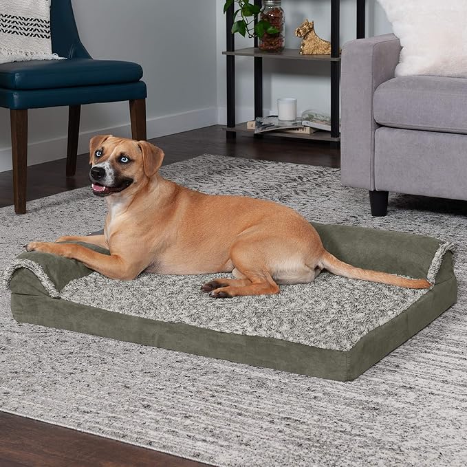 Furhaven Cooling Gel Dog Bed for Large/Medium Dogs w/ Removable Bolsters & Washable Cover, For Dogs Up to 55 lbs - Two-Tone Plush Faux Fur & Suede L Shaped Chaise - Dark Sage, Large-PawvioPets