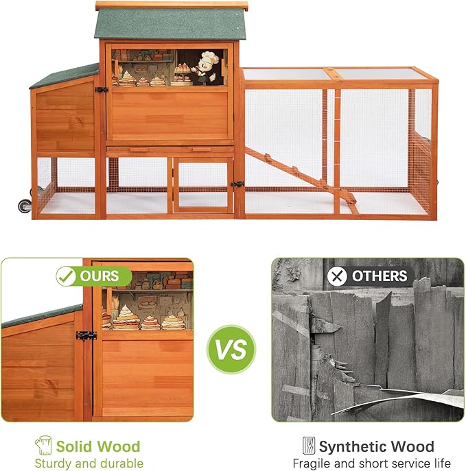 COZIWOW 82" Large Wooden Chicken Coop, Outdoor Rabbit Hutch with Wheels, Sunshine Board, Asphalt Roof, Ramp, Openable Top, Door, Window, Pull-Out Tray, Indoor Bunny Cage (Orange with Pattern)-PawvioPets