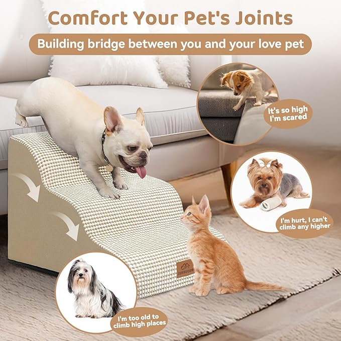 Dog Ramp and Stair for Bed 16" H-20 H,3-Step Cat Stair for Sofa and Chair,4-Step Dog Ramp for High Bed and Window,Durable Nonslip Fabric Cover for Indoor (Beige-16 H, Pet Friendly, 3)-PawvioPets
