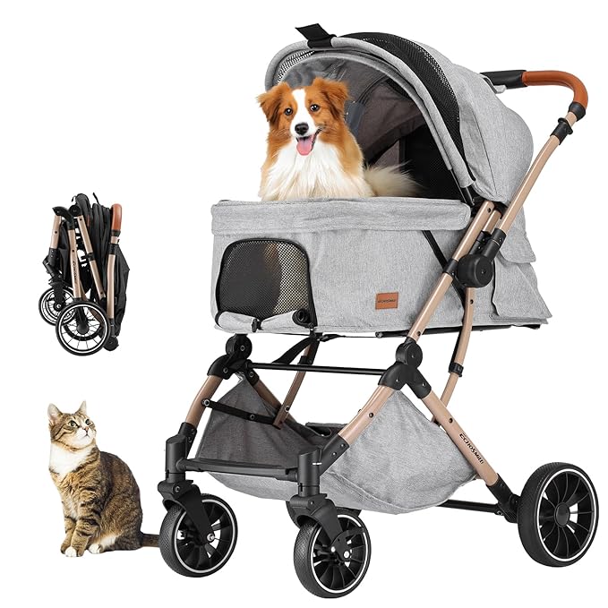 EchoSmile Small Medium Dogs Stroller 4-Wheel Pet Strollers for Medium Dogs Up to 50lbs, One Click Folding Large Cat Stroller, Reversible Handle, Shock Absorbing Wheels, Removable Washable Pad-PawvioPets
