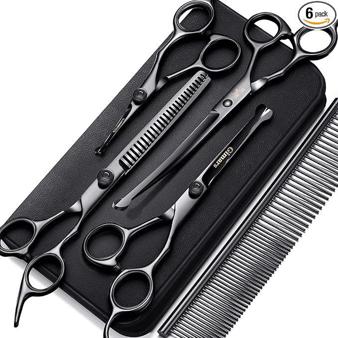 Gimars 7inch Professional 4CR Stainless Steel 6 in 1 Grooming Scissors for Dogs with Safety Round Tip, Heavy Duty Titanium Coated Pet Grooming Scissor for Dogs, Cats and Other Animals-PawvioPets