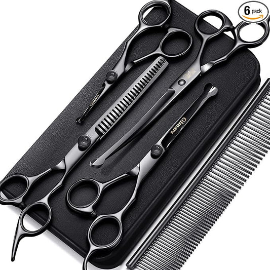 Gimars 7inch Professional 4CR Stainless Steel 6 in 1 Grooming Scissors for Dogs with Safety Round Tip, Heavy Duty Titanium Coated Pet Grooming Scissor for Dogs, Cats and Other Animals-PawvioPets