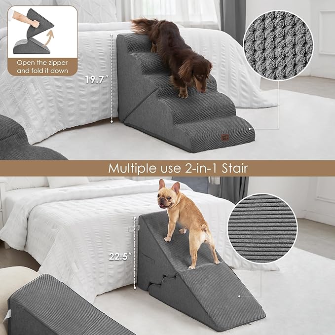 EHEYCIGA Curved Foldable Dog Stairs Ramp for High Beds 22.5" H, 5-Step Dog Steps for Small Dogs and Cats, Pet Stairs for High Bed Climbing, Non-Slip Balanced Pet Step Indoor, Grey-PawvioPets