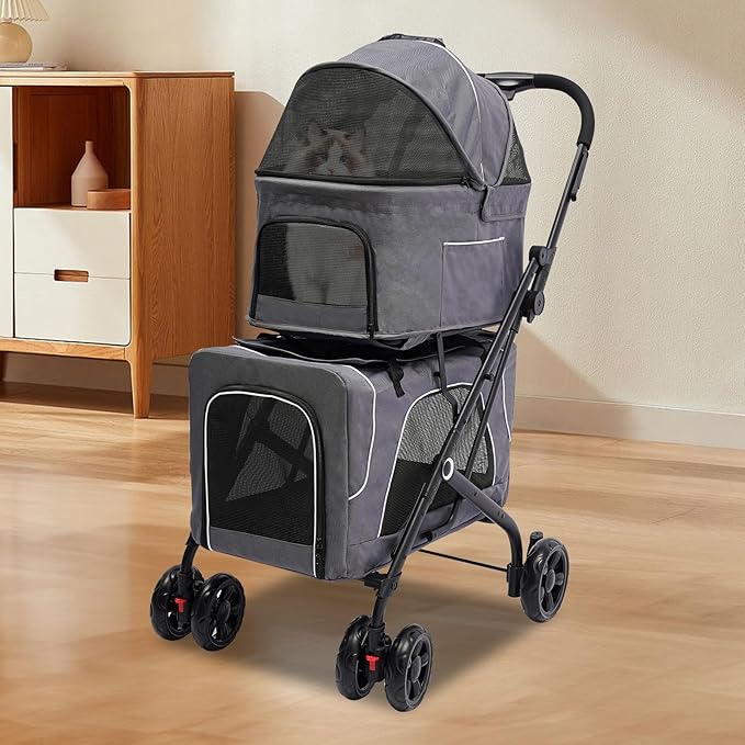 2 Tiers Pet Stroller,4 Wheel Dog Stroller Cat Strollers,3.07lbs Pet Gear Foldable Jogger Travel Cart,Grey Cat Carrying Cart with Storage Basket for Small Medium Pet (Grey)-PawvioPets