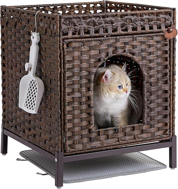 Cat Litter Box Enclosure Hidden Litter Box Furniture with Metal Heightened Feet, Rattan Handwoven Cat House with Litter Mat, Hidden Litter Box Furniture for Bedroom Living Room Brown-PawvioPets