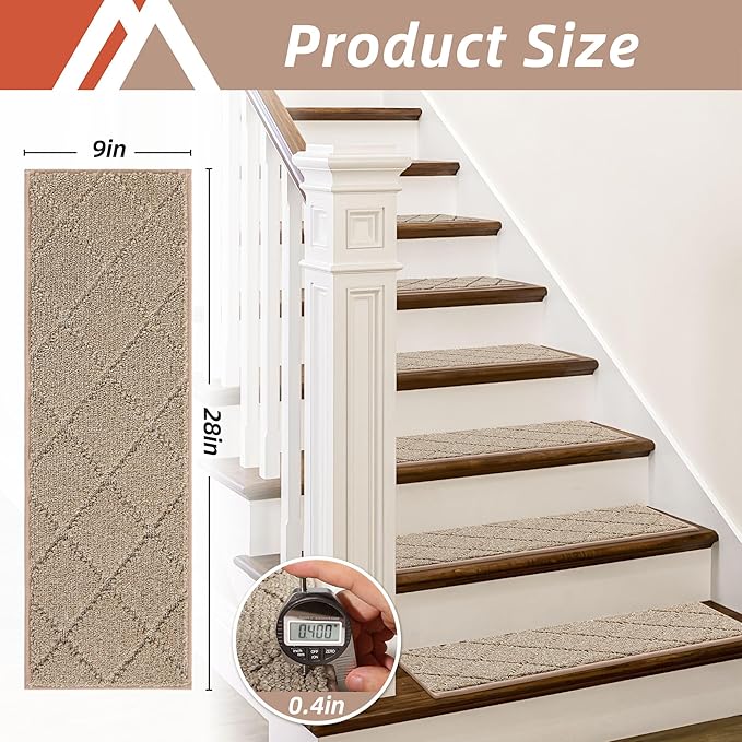 COSY HOMEER Edging Stair Treads Non-Slip Carpet Mat 28inX9in Indoor Stair Runners for Wooden Steps, Edging Stair Rugs for Kids and Dogs, 100% Polyester TPE Backing (15pc, Beige)-PawvioPets