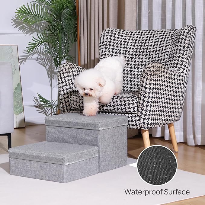 Foldable Dog Stairs/Steps 2-Tier Pet Steps Storage and Adjustable Steps for Small Medium Dogs Pet Steps Storage Stepper for High Beds Sofa Pet Dog Cat (2 Step-Light Grey)-PawvioPets