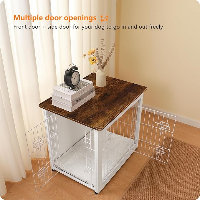 DWANTON Dog Crate Furniture with Cushion, Wooden Kennel Table with Double Doors, Indoor Dog House, Small/Medium/Large Size, 27.2" L, White+Rustic Brown-PawvioPets