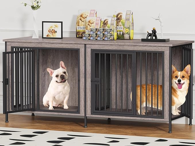 EasyCom 63" Dog Cage Furniture for 2 Pets with Divider, XL Wooden Double Dog Crate Furniture TV Stand for Mideum Breed, Durable and Sturdy-PawvioPets