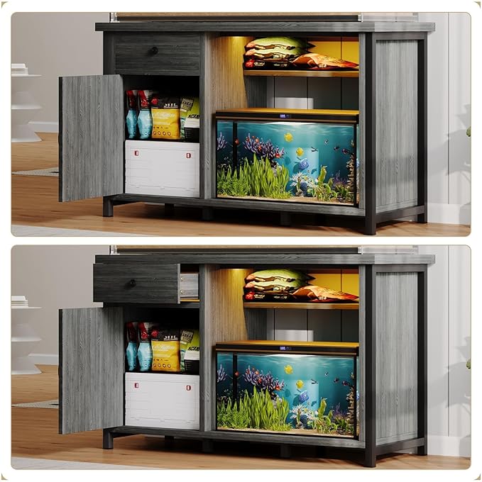 4ever2buy 55 Gallon Fish Tank Stand with LED Light & Power Outlets, 55-75 Gallon Aquarium Stand with Drawer & Barn Door, Cabinet for Fish Tank Accessories Storage for Reptile Tank, Turtle Tank, Gray-PawvioPets