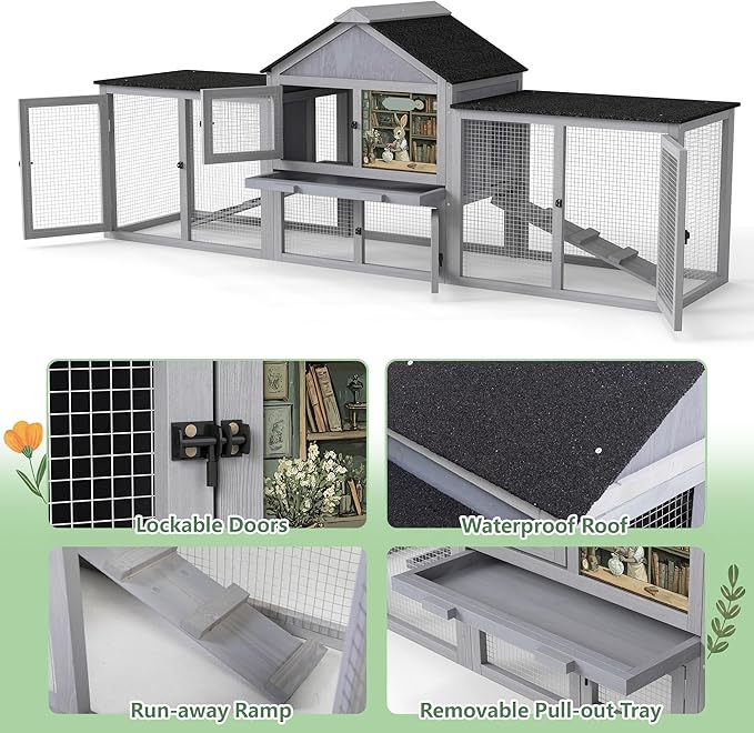 COZIWOW 82inches Extra Large Wood Rabbit Hutch Outdoor Easy to Assemble and Stable Bunny Cage Indoor with Cleaning Tray & Waterproof Roof for Small and Medium Bunny Rabbit Chick (Grey)-PawvioPets