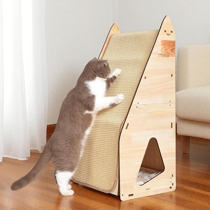 32in Cat Scratching Posts for Indoor Cats: Replaceable Sisal Mats & Sturdy 3D Wood Frame, Integrated Cat Condo, Hideout, Tunnel, All-in-One Space Saver for Multi-Cat & Budget-Friendly Homes-PawvioPets