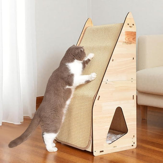 32in Cat Scratching Posts for Indoor Cats: Replaceable Sisal Mats & Sturdy 3D Wood Frame, Integrated Cat Condo, Hideout, Tunnel, All-in-One Space Saver for Multi-Cat & Budget-Friendly Homes-PawvioPets