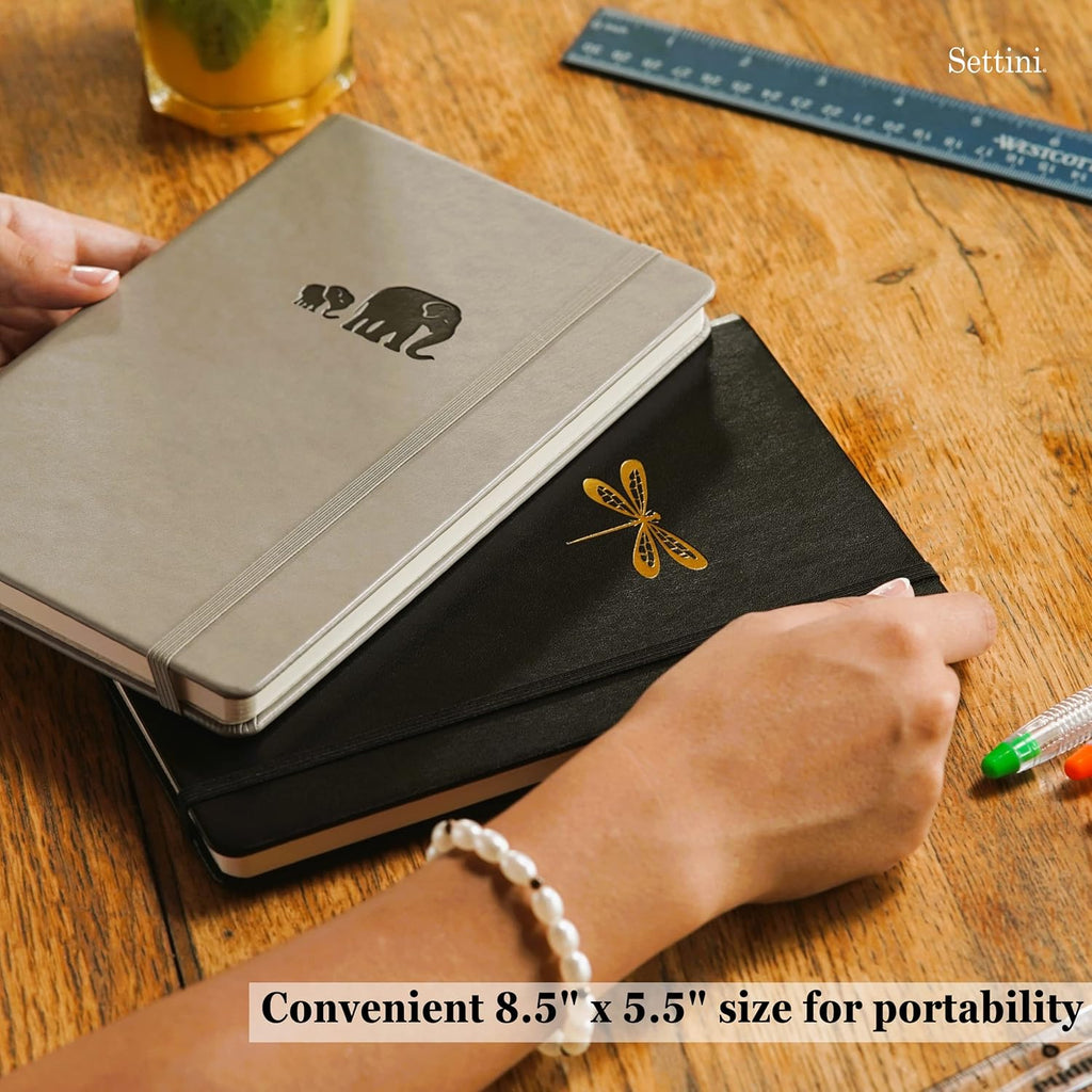 SETTINI Dotted Journal, Ideal for Bullet Journaling - A5 Vegan Leather Notebook, 192 Archival-Quality Pages, QuillEase Bleed-Free Paper, Inner Pocket & Bookmark - Dragonfly Gifts for Women & Men, Black Dragonfly