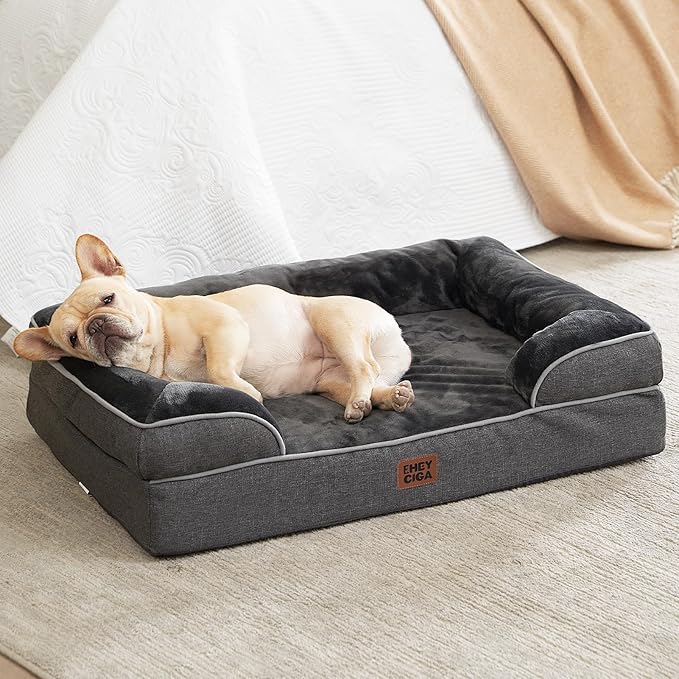 EHEYCIGA Orthopedic Dog Bed for Medium Dogs, Waterproof Memory Foam Medium Pet Beds with Sides, Non-Slip Bottom and Egg-Crate Foam Dog Couch Bed with Washable Removable Cover, Dark Grey-PawvioPets