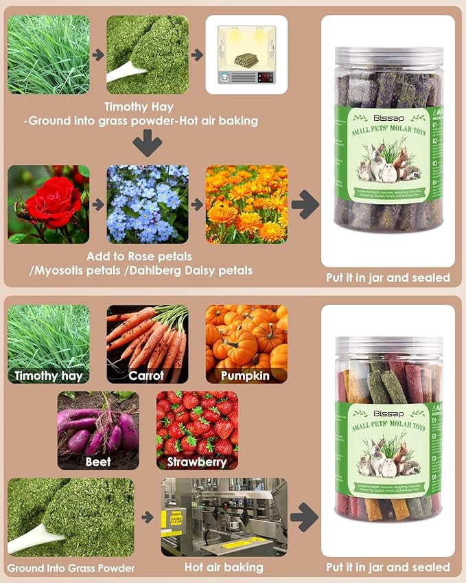 Bissap 72 PCS Rabbit Chew Sticks, Natural Timothy Hay Pumpkin Sugar Beet Carrot Strawberry Rose Dahlberg Daisy Forget-me-not Flower Treat for Bunny Chinchilla Guinea Pig Hamster Small Pet Molar Snack-PawvioPets