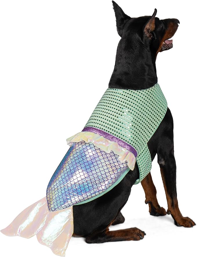 cyeollo Large Dog Costume Mermaid Dog Halloween Costumes Holiday Outfit for Big Dogs Pet Birthday Party Sparkly Clothes, Size XL-PawvioPets