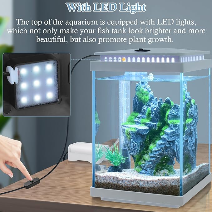 FEDOUR Small Glass Aquarium, 1 Gallon Desktop Fish Tank, Betta Fish Tank, Mini Aquarium Starter Kit with Air Pump LED Light Decoration Water Changer Fish Net (White)-PawvioPets