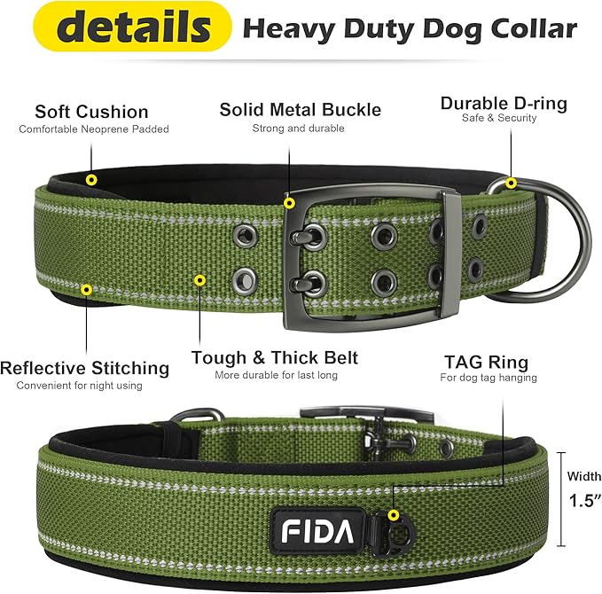 Fida Heavy DutyDog Collar for Large Dogs, Ultra Comfortable Soft Neoprene Padded, Adjustable Reflective Nylon Pet Collar with Durable Metal Belt Buckle for Extra Large Breeds(XL, Green)-PawvioPets