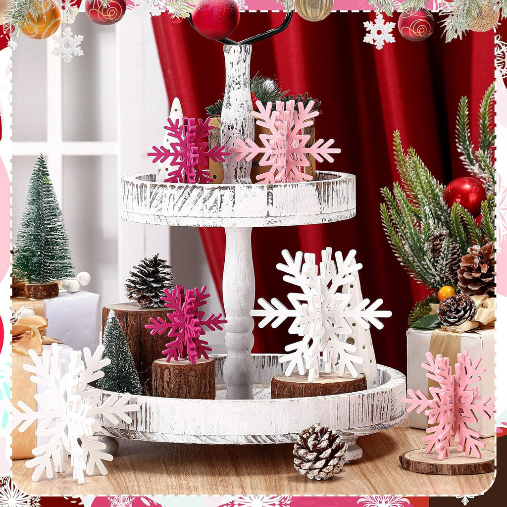 Bucherry 12 Pcs Wooden Snowflake Table Decor 3D Snowflake Tabletop Signs and Centerpiece for Christmas Xmas Winter Wonderland Decorations Home Party(White, Pink, Rose Red)