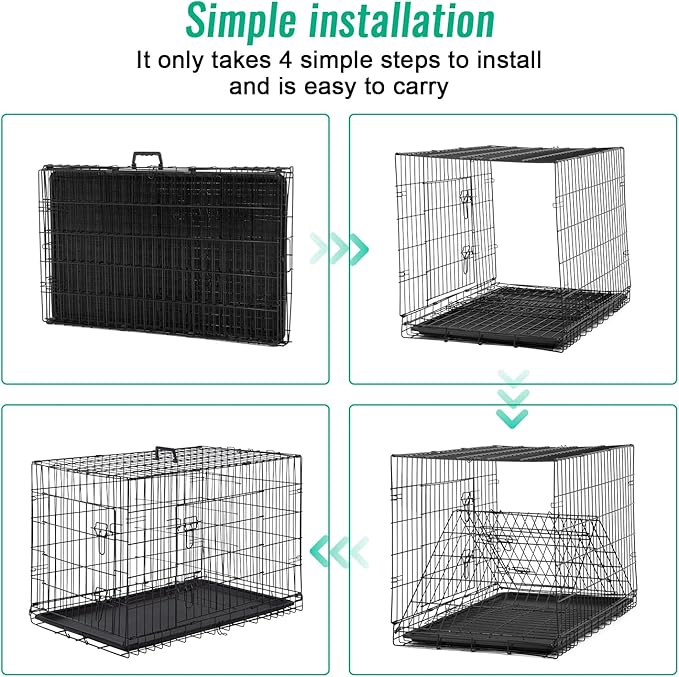FDW Dog Crate for Large Dogs 42 Inch Folding Metal WirePet Cage Double Door W/Divider Panel Indoor Outdoor Kennel Leak-Proof Plastic Tray,Black-PawvioPets