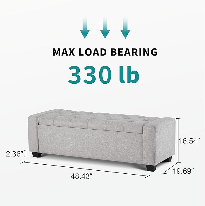 48" Ottoman with Storage, Storage Ottoman Bench with Safety Hinge, Upholstered Entryway Bench with Seating for Bedroom, Living Room, Holds up to 330 lb(Light Gray)-PawvioPets