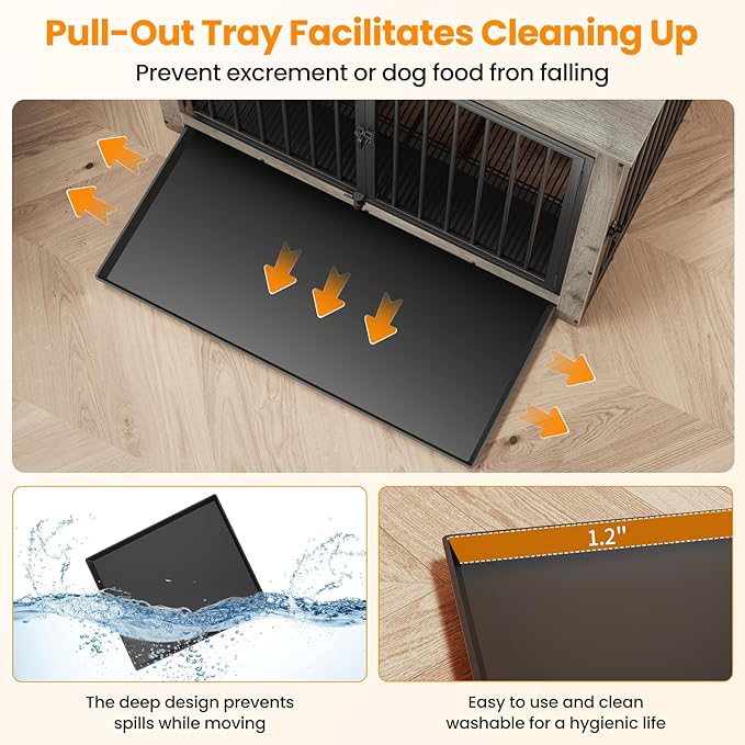 Dog Crate Furniture, Large Dog Crate Furniture, Dog Crate End Table for Large and Medium Dogs, Wooden Cage Kennel Furniture Indoor, Modern Dog Crate with Multi-Purpose Removable Tray-PawvioPets