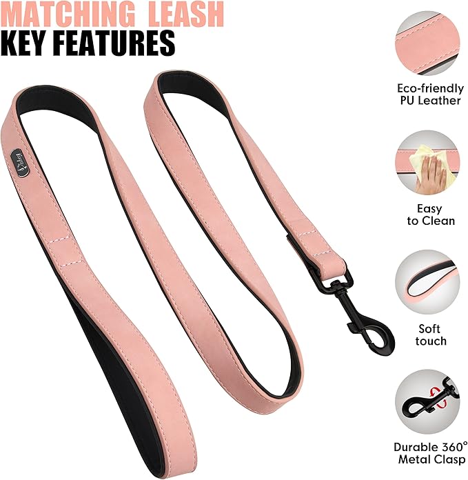 Didog Soft Padded Leather Dog Collar and Leash Set, Pink Breathable Pet Collars with 4FT PU Leather Dog Leash for Small Medium Large Dogs, Pink, XL-PawvioPets