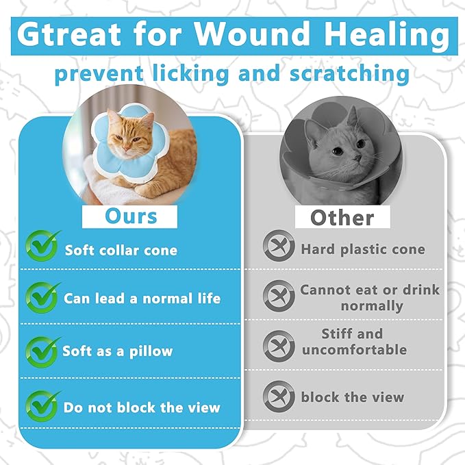 Cat Cone Collar Soft, Waterproof Cats Cones to Stop Licking After Surgery, Adjustable Soft Elizabeth Cats Collars for Wound Healing, Flower Shape Cat Recovery Collar (Blue, Large)-PawvioPets