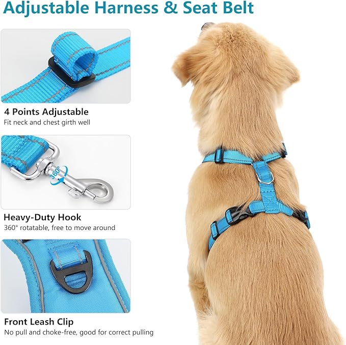 Dog Seat Belt Harness for Car, Dog Car Harness Adjustable Mesh Breathable & Dogs Seatbelt Safety Tether with Elastic Bungee for Small Medium Large Pets(Blue, XL)-PawvioPets