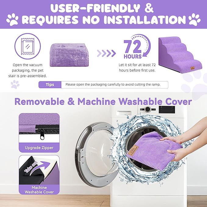 Dog Ramp and Stair for Bed 16" H-20 H,3-Step Cat Stair for Sofa and Chair,4-Step Dog Ramp for High Bed and Window,Durable Nonslip Fabric Cover for Indoor (Purple-20 H, Pet Friendly, 4)-PawvioPets