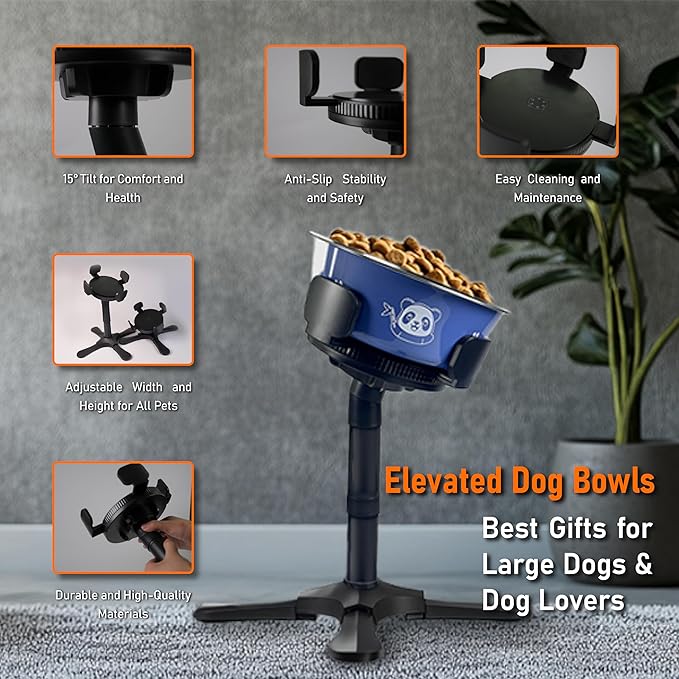 Adjustable Elevated Dog Bowl Stand with Non-Slip Base - 3 Height & Tilt Settings, Fits 14-24.5cm Bowls, Raised Stainless Steel Dish for Large Breed, Medium & Small Dogs, Cats-PawvioPets