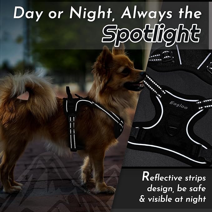 Eagloo Small Dog Harness No Pull, Service Vest with Reflective Strips and Control Handle, Adjustable and Comfortable for Easy Walking, No Choke Pet Harness with 2 Metal Rings, Black, XS-PawvioPets