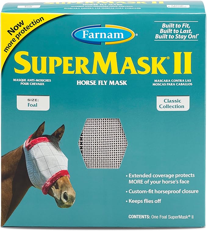Farnam SuperMask II Fly Mask Without Ears for Foals, Full Face Coverage and Eye Protection from Insect Pests, Structured Classic Styling Mesh with Plush Trim, Foal Size-PawvioPets