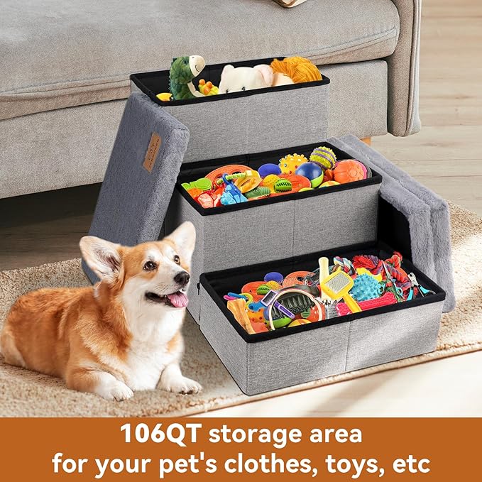 Dog Stairs with Furry Lids 18" H, 3-Step Wider Dog Steps with Storage for Small/Medium/Large Old Dogs Cats, Folding Sturdy Pet Stairs Climbing Bed Couch, Ramp for Car Hold Up to 200 lbs, Grey-PawvioPets