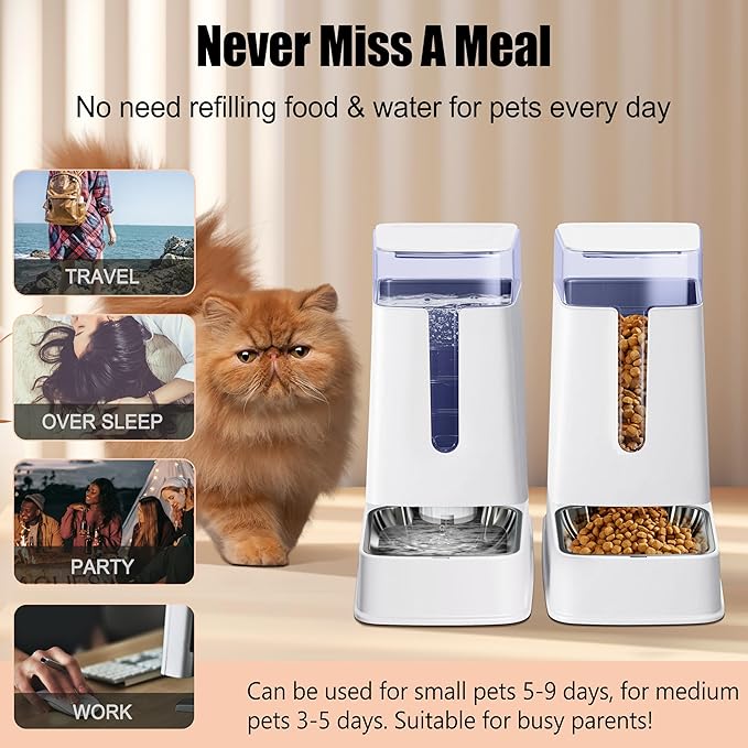 Automatic Cat Feeder and Cat Water Dispenser Set with Stainless Steel Bowls Gravity Dog Feeder for Small Medium Big Dog Pets Puppy Kitten, 3.8L x 2-PawvioPets
