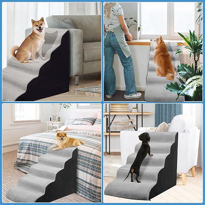 Curved Dog Stairs 24 inches High, Dog Ramp Stairs for Small Dogs for High Beds 20-25 inches Tall, 30D Foam Dog Steps for Beds 24 inches, Pet Stairs/Steps for Old Dogs Cats, Grey-PawvioPets