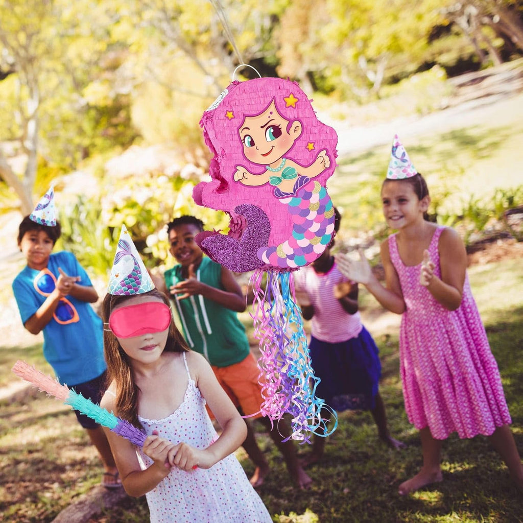 WERNNSAI Foldable Mermaid Pinata - Pull String Mermaid Birthday Party Supplies Extendable Mermaid with Blindfold Bat and Tassels Mermaid Party Decoration Folding Mermaid Girl Piñatas for Game