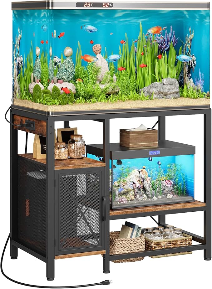 40-50 Gallon Fish Tank Stand, Aquarium Stand with Power Outlet and Storage Cabinet, Heavy Duty Tank Stand Suitable for Turtle Tank, Reptile Terrarium, for Home Office, Rustic Brown FTHR50E01-PawvioPets