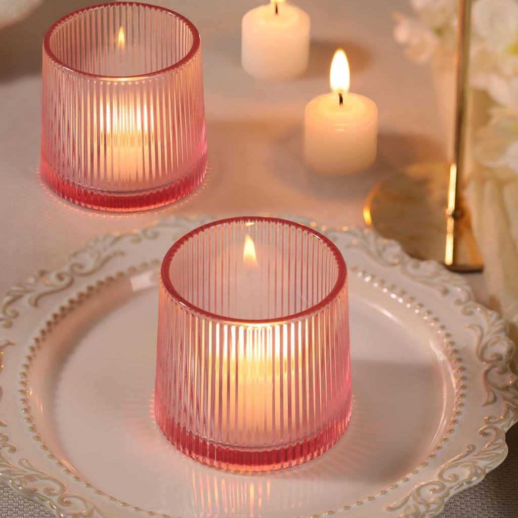 Pink Ribbed Tealight Votive Candle Holders Set of 10- Votive Candle Holders for Table Centerpiece, Tea Light Candle Holder Glass for Wedding and Home Decor, Blue Decor and Gifts