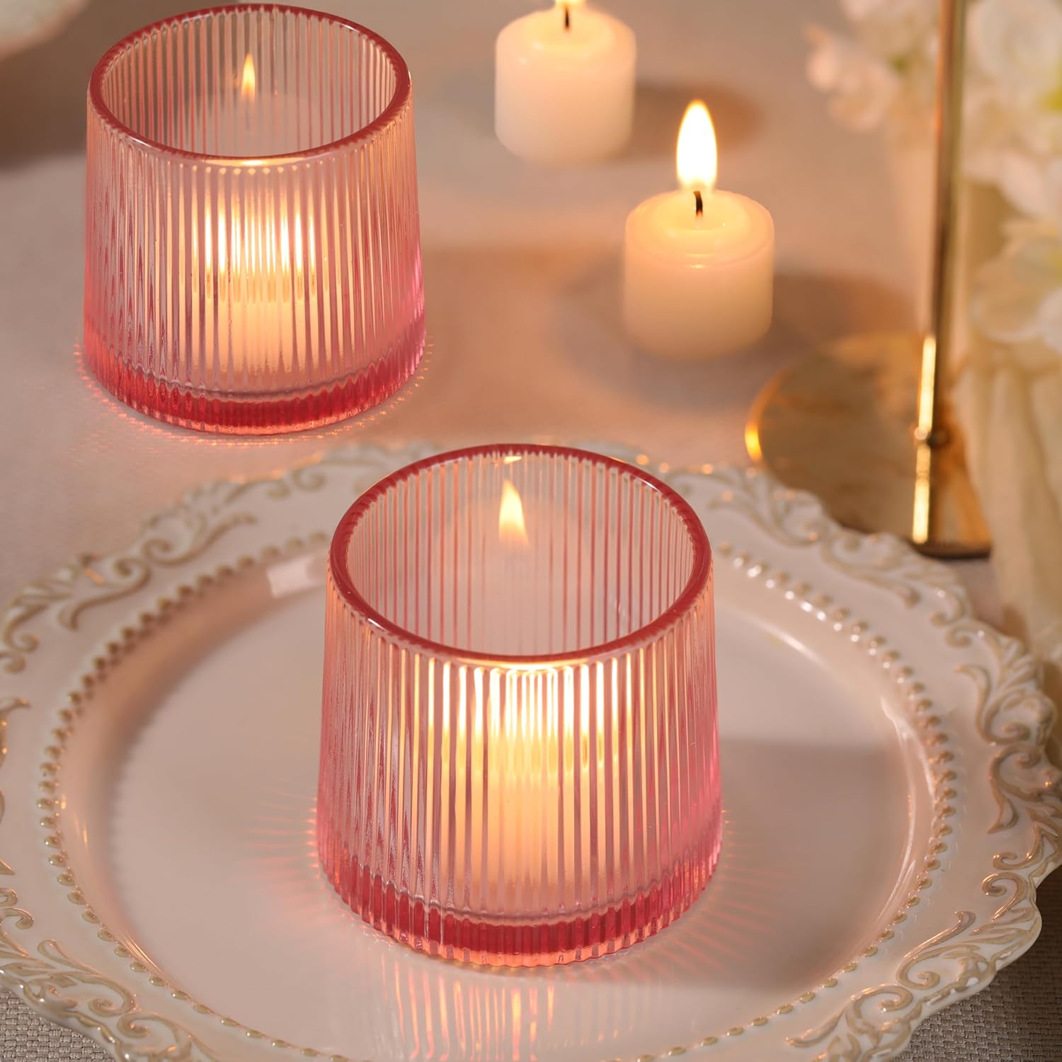 Pink Ribbed Tealight Votive Candle Holders Set of 10- Votive Candle Holders for Table Centerpiece, Tea Light Candle Holder Glass for Wedding and Home Decor, Blue Decor and Gifts