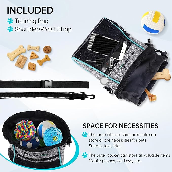 Dog Treat Pouches Training Walking Bag with Shoulder Strap, Large Space for Pets Food, Polyester Fabric, 3-Way Wearing Design, Portable Pet Bagand Easy to Clean, Black with Grey-PawvioPets